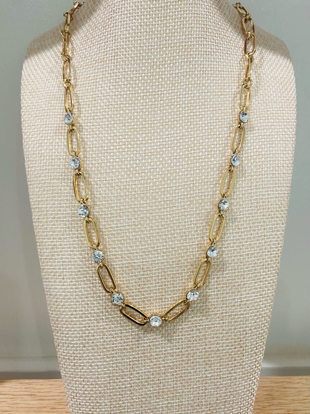 18” with extender Gold Link Necklace with Clear Crystals - Women Jewelry